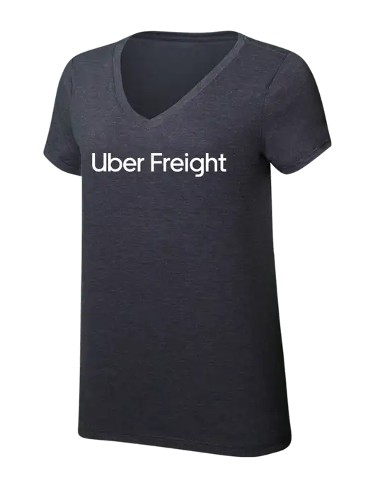 Womens Simply Soft V-Neck Heather Charcoal 4.5oz  Poly/Combed Ring Spun Cotton T-Shirt w/Uber Freight Logo