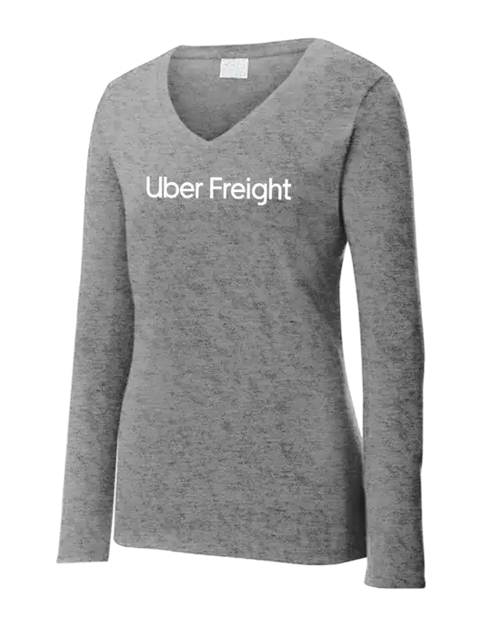 Womens  V-Neck Ring Spun Grey Heather 4.5 oz Long Sleeve T-Shirt w/Uber Freight Logo