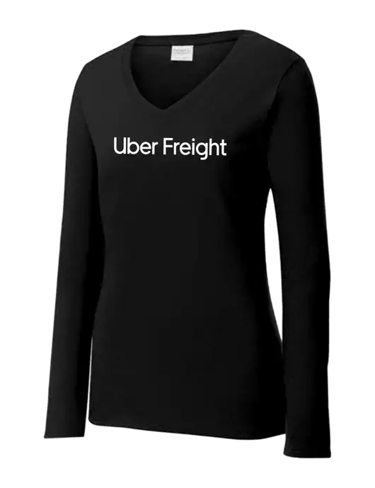Womens V-Neck Ring Spun Jet Black 4.5 oz Long Sleeve T-Shirt w/Uber Freight Logo