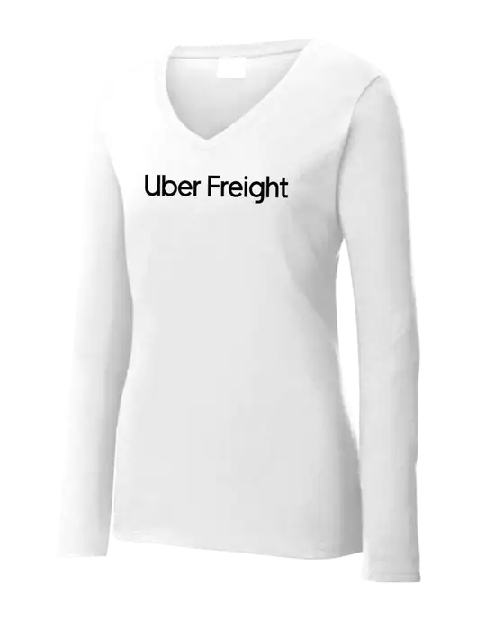 Womens  V-Neck Ring Spun White 4.5 oz Long Sleeve T-Shirt w/Uber Freight Logo