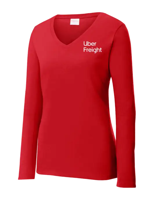 Womens  V-Neck Ring Spun Bright Red 4.5 oz Long Sleeve T-Shirt w/Uber Freight Logo