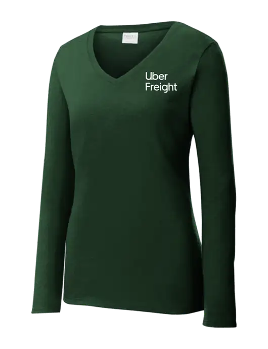 Womens  V-Neck Ring Spun Forest Green 4.5 oz Long Sleeve T-Shirt w/Uber Freight Logo
