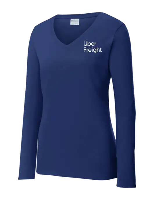 Womens  V-Neck Ring Spun Navy 4.5 oz Long Sleeve T-Shirt w/Uber Freight Logo