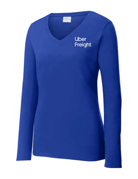 Womens  V-Neck Ring Spun Royal 4.5 oz Long Sleeve T-Shirt w/Uber Freight Logo