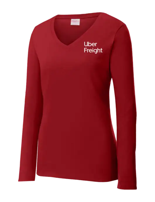 Womens V-Neck Ring Spun Cardinal 4.5 oz Long Sleeve T-Shirt w/Uber Freight Logo