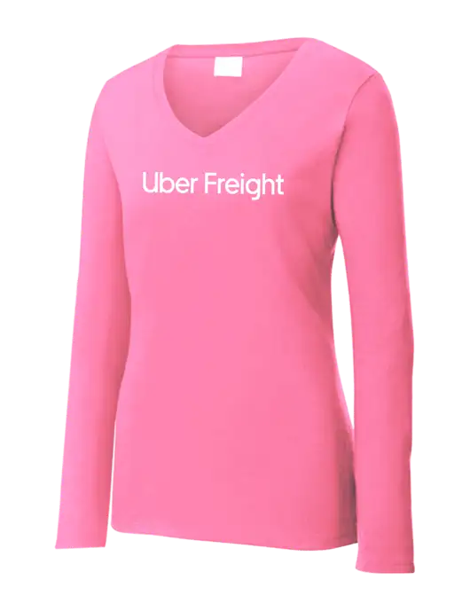 Womens  V-Neck Ring Spun Pink 4.5 oz Long Sleeve T-Shirt w/Uber Freight Logo