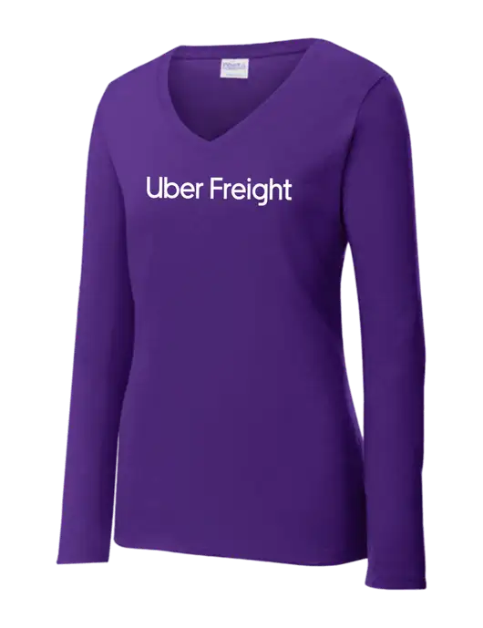 Womens  V-Neck Ring Spun Purple 4.5 oz Long Sleeve T-Shirt w/Uber Freight Logo