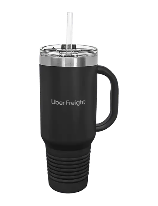 Polar Camel 40 oz. Powder Coated Vacuum Insulated Black Travel Mug with Straw w/Uber Freight Logo