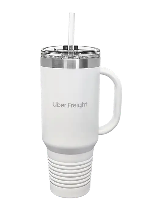 Polar Camel 40 oz. Powder Coated Vacuum Insulated White Travel Mug with Straw w/Uber Freight Logo